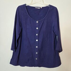Soft Surroundings Lagenlook Navy Blue Cotton Button 3/4 Sleeve Top Large 2CD86